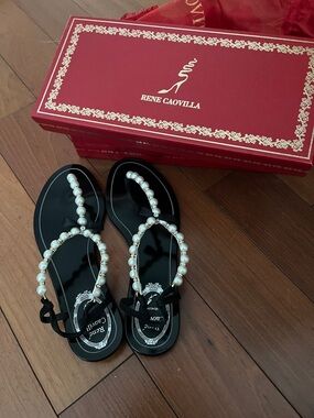 Rene Caovilla Black Sandals with Pearl Embellishments